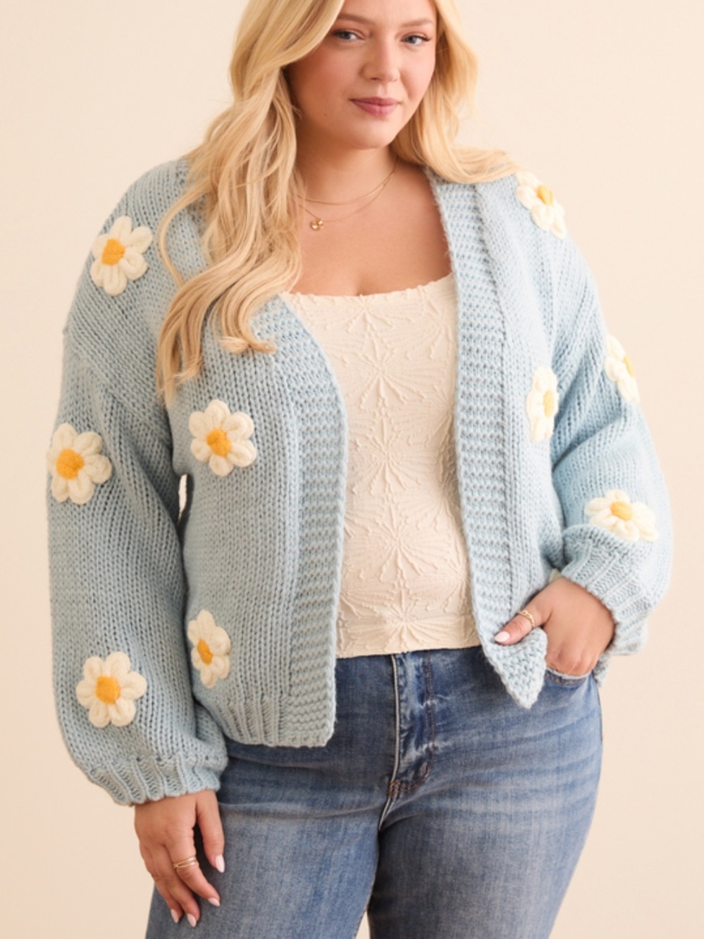 Arula Zen Blue Daisy Chunky Knit Open Front Cardigan Plus Size 1X NWT